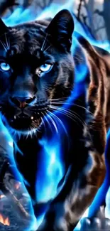 A black panther with blue flames in a fantasy forest.