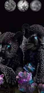 Black panthers with blue eyes amidst moons and flowers.