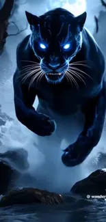 Mystical panther glowing in dark forest.