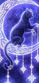 Mystical panther on a glowing crescent moon with starry accents in a cosmic design.