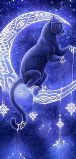 Mystical panther on crescent moon with stars in a blue night sky