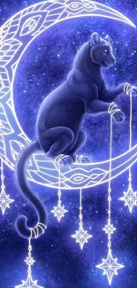 Mystical panther on crescent moon with glowing star patterns.