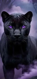 Black panther in purple mist emits mystical aura for phone wallpaper.