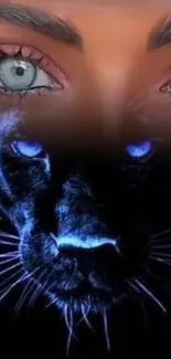 Mystical panther with neon blue eyes and human features wallpaper.