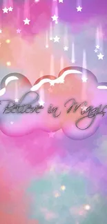 Pastel cloud with 'Believe in Magic' text on mobile wallpaper.