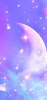 Dreamy pastel wallpaper with crescent moon and stars.