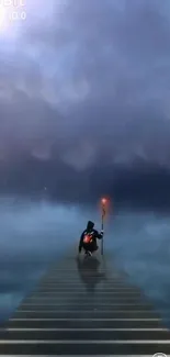 A mystical stairway leading into a dramatic, cloudy sky with a lone figure holding a torch.