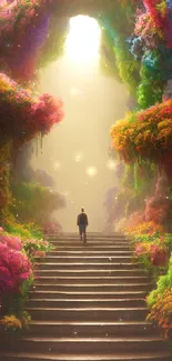 Fantasy pathway with vibrant colors and a lone figure ascending steps.