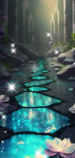 Mystical pathway with glowing stones and flowers in a fantasy setting.