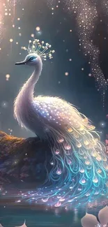 Mystical peacock glowing in a whimsical fantasy setting, ideal for phone wallpaper.