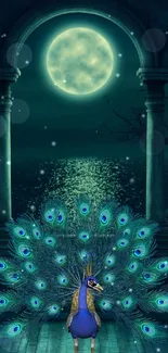 Enchanting peacock under a full moon by the ocean with vibrant feathers.