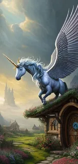 A pegasus flies above a magical village landscape.