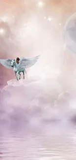 Majestic Pegasus flying over pink clouds in a dreamy celestial landscape.