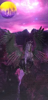 Mystical Pegasus flying in a purple dreamscape under a cosmic sky.