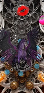 Purple pegasus surrounded by intricate fantasy designs and colorful elements.