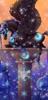 Mystical black pegasus with blue accents on a column under a starry orange sky.