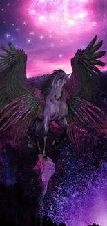 Majestic Pegasus soaring in a purple galaxy.