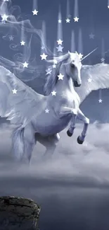 Majestic Pegasus flying in cloudy sky with ancient arches.