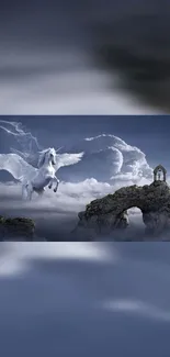 Flying Pegasus amidst clouds and ancient ruins in a mystical setting.