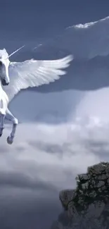 Majestic white Pegasus flying above dreamy clouds.