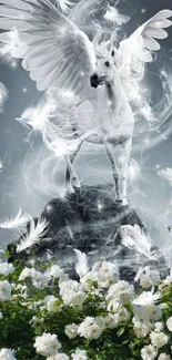 Mystical Pegasus surrounded by white feathers and flowers.