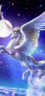 Pegasus flying in a mystical night sky with bright moon and stars.