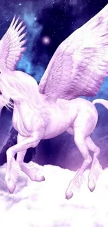 Majestic Pegasus flying through a dreamy purple sky with clouds.