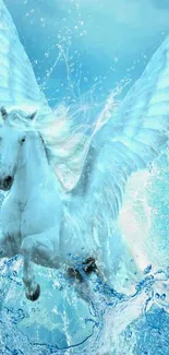 Mystical Pegasus with blue wings soaring in water-themed wallpaper.