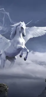 A majestic Pegasus flying through a cloudy sky with ancient arches.