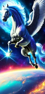 A Pegasus flying through a vibrant galaxy above Earth, with colorful cosmic swirls.