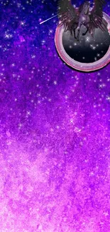 Mystical Pegasus flies in a purple starry sky wallpaper.