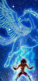 Fantasy pegasus in a starry night sky wallpaper with vibrant blue hues.