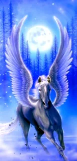 A mystical pegasus with wings set against a moonlit blue forest background.