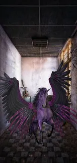 Purple Pegasus with wings in a surreal room.