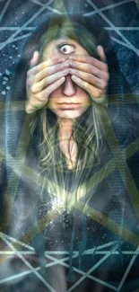 Mystical pentagram art with hooded figure and third eye on a mobile wallpaper.