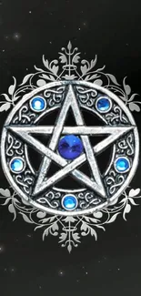 Mystical silver pentagram with blue gems on a black ornate background.