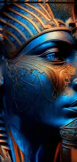 Digital art of a pharaoh's face in blue and gold hues, perfect for mobile wallpaper.