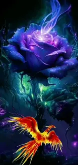 A vibrant phoenix beneath a glowing blue rose on a dark background.