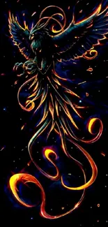 Mystical phoenix with fiery details and cosmic backdrop in a mobile wallpaper.