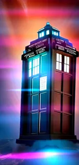 Mystical neon phone booth wallpaper with cosmic and vibrant colors.