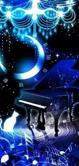 Mystical piano and music notes in vibrant blue tones on mobile wallpaper.