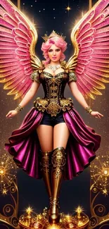 A fantasy angel with pink wings and golden armor in a cosmic setting.