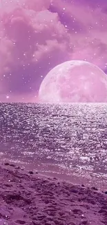 Pink beachscape with moonlit ocean and dreamy sky, perfect phone wallpaper.