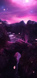 Mystical pink canyon under a starry sky.