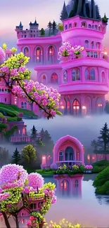 Mystical pink castle surrounded by trees and a lake.