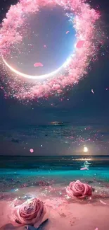 Mobile wallpaper with a pink crescent over a beach and roses.