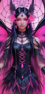 Mystical fairy with pink wings and dreamcatcher background.