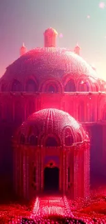 Surreal pink castle in a fantasy landscape wallpaper.