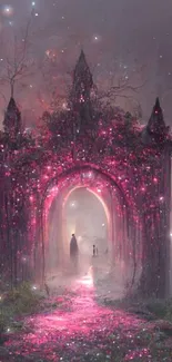 Mystical pink gateway in a foggy forest landscape.