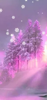 Mystical pink forest with sunlit snowy trees and serene lake.